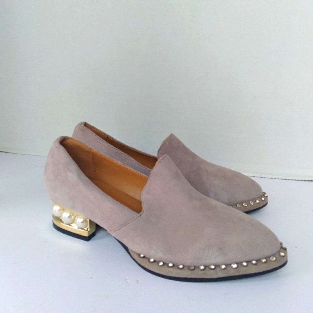 Designer Suede Loafers with Pearl-Studded Heel and Silver Trim Elegant Shoes